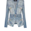 1-button belted denim jacket