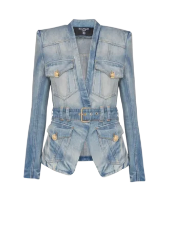 1-button belted denim jacket