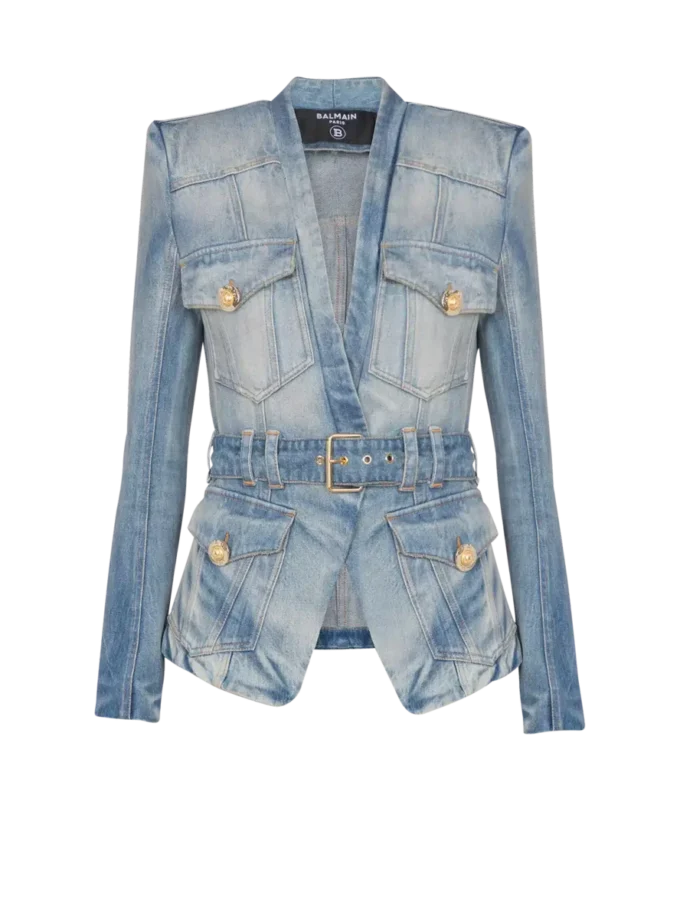 1-button belted denim jacket