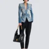1-button belted denim jacket