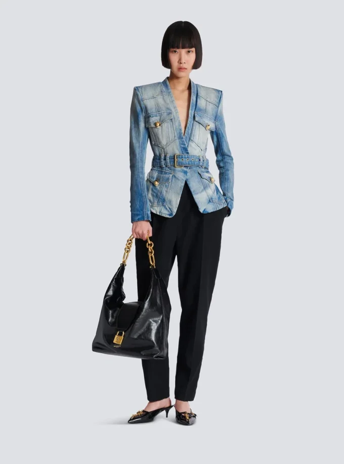 1-button belted denim jacket