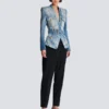 1-button belted denim jacket