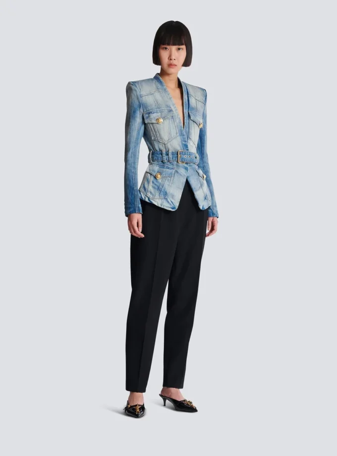1-button belted denim jacket