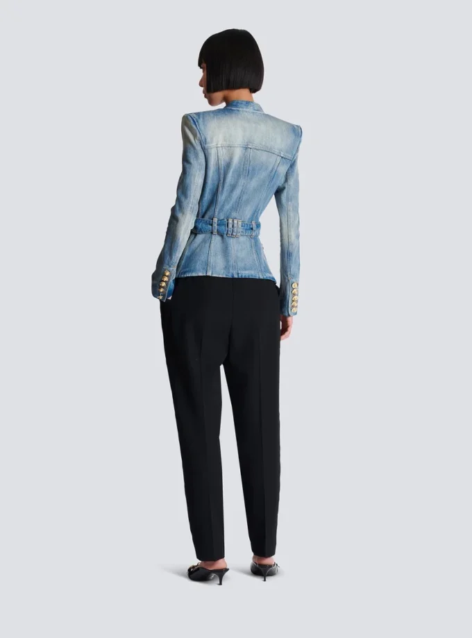 1-button belted denim jacket