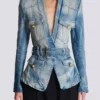 1-button belted denim jacket