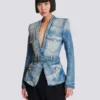 1-button belted denim jacket