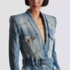 1-button belted denim jacket