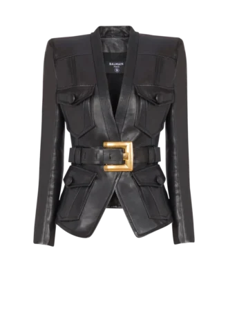 1-button belted leather jacket