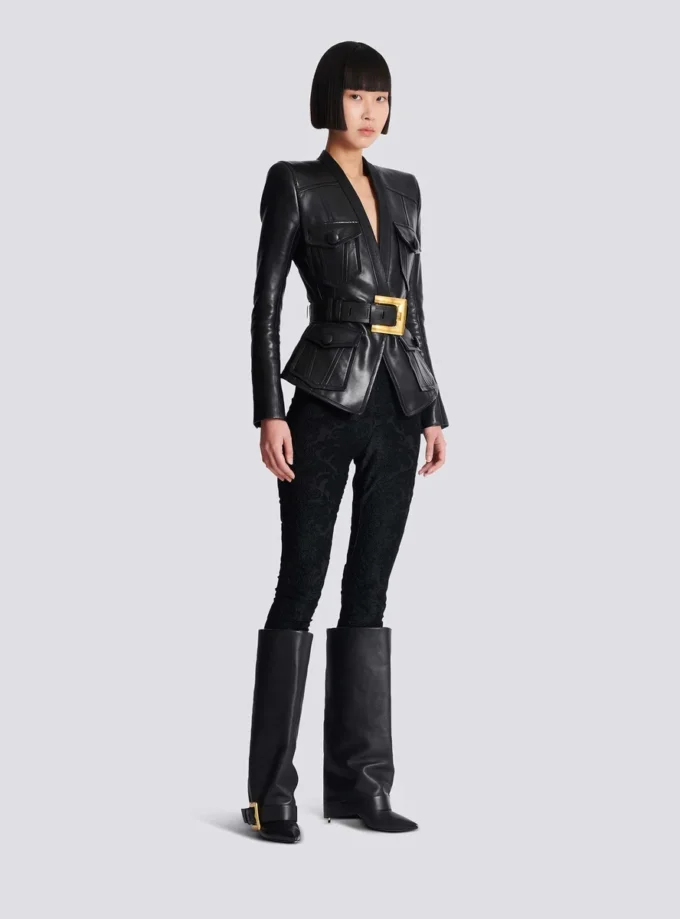 1-button belted leather jacket 1-button belted leather jacket