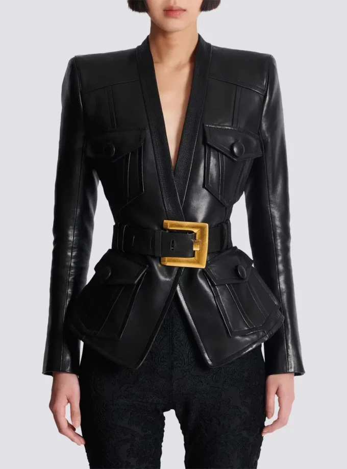 1-button belted leather jacket 1-button belted leather jacket