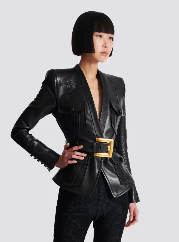 1-button belted leather jacket 1-button belted leather jacket