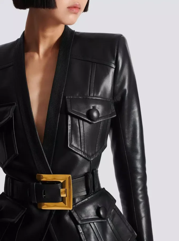 1-button belted leather jacket 1-button belted leather jacket