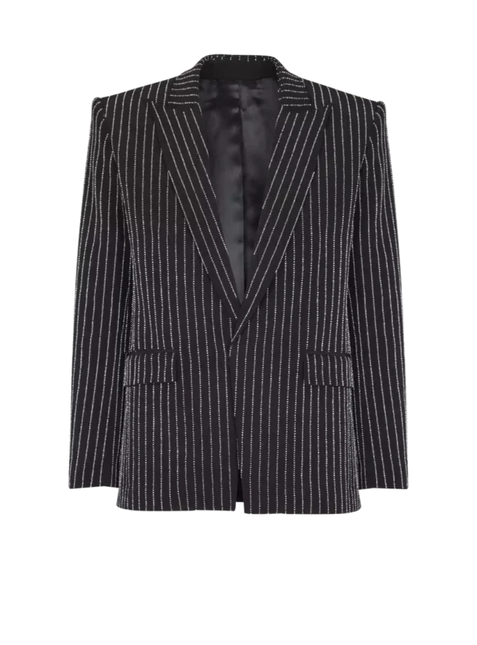 1-button wool jacket with crystal stripes