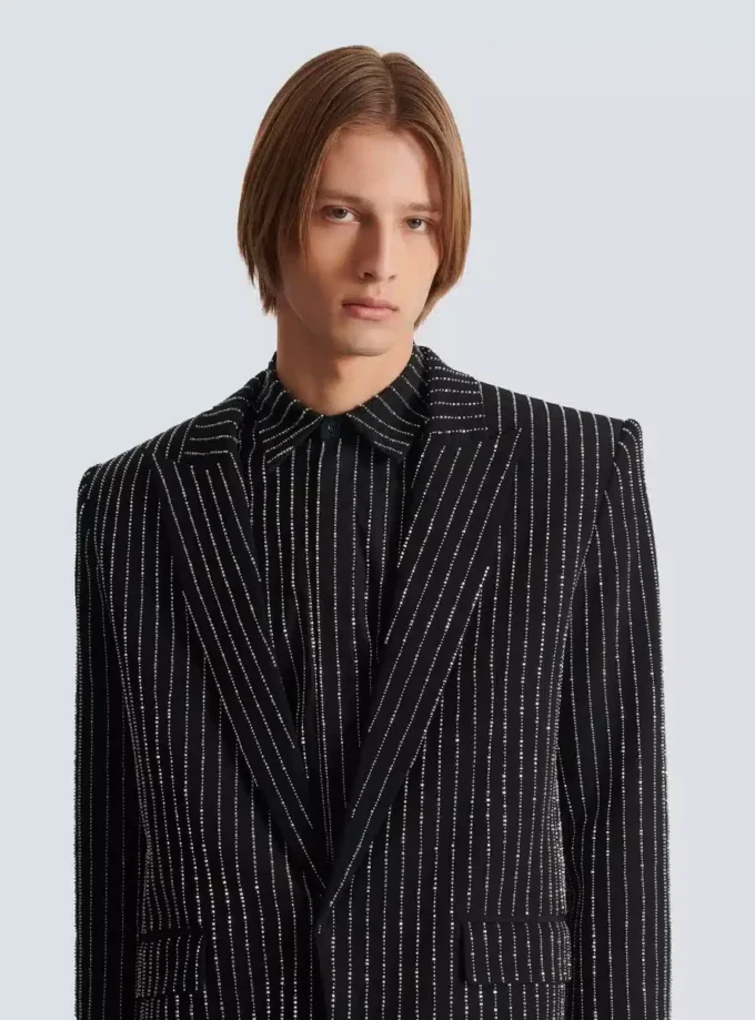 1-button wool jacket with crystal stripes