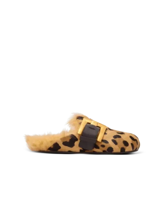 Anthem leopard print ponyskin leather and faux fur mules