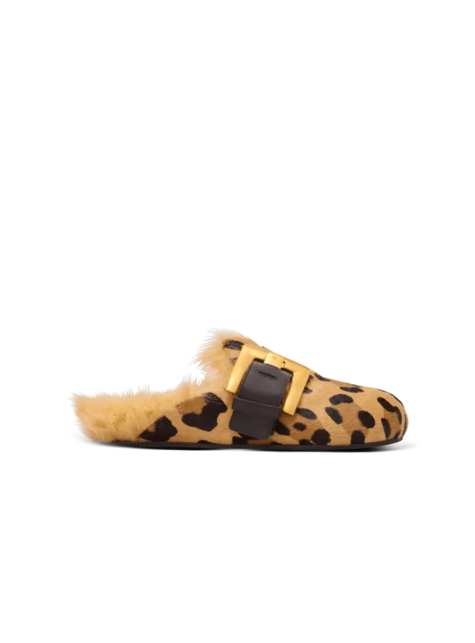Anthem leopard print ponyskin leather and faux fur mules