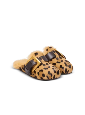 Anthem leopard print ponyskin leather and faux fur mules