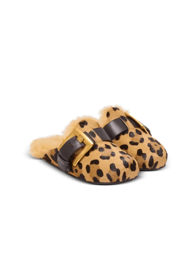 Anthem leopard print ponyskin leather and faux fur mules