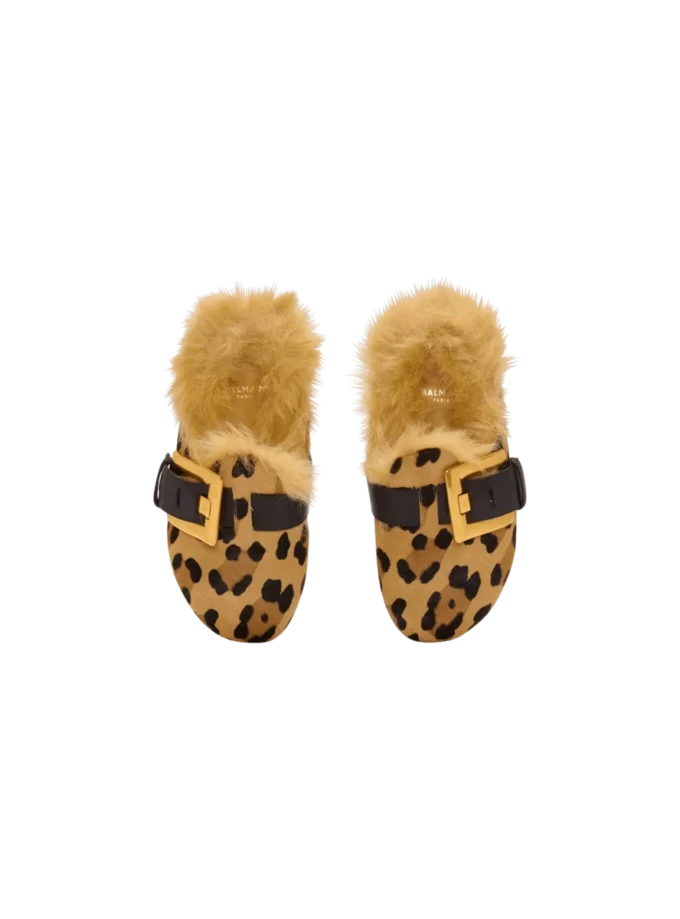 Anthem leopard print ponyskin leather and faux fur mules