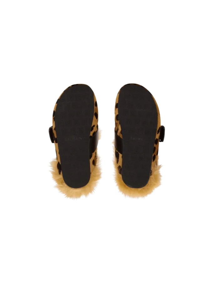 Anthem leopard print ponyskin leather and faux fur mules