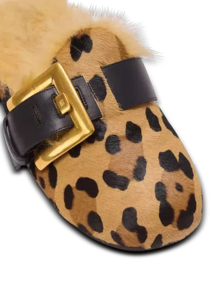 Anthem leopard print ponyskin leather and faux fur mules