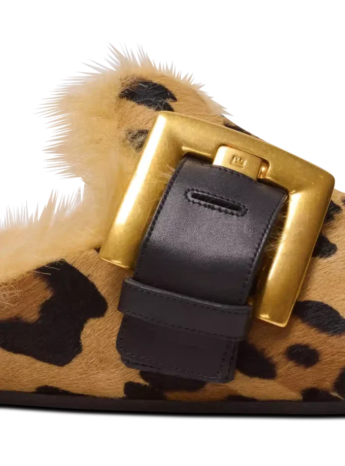 Anthem leopard print ponyskin leather and faux fur mules