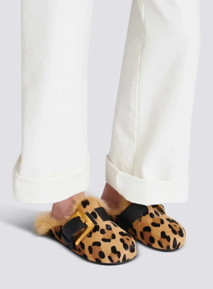 Anthem leopard print ponyskin leather and faux fur mules