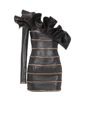 Asymmetric leather bodycon dress with chains