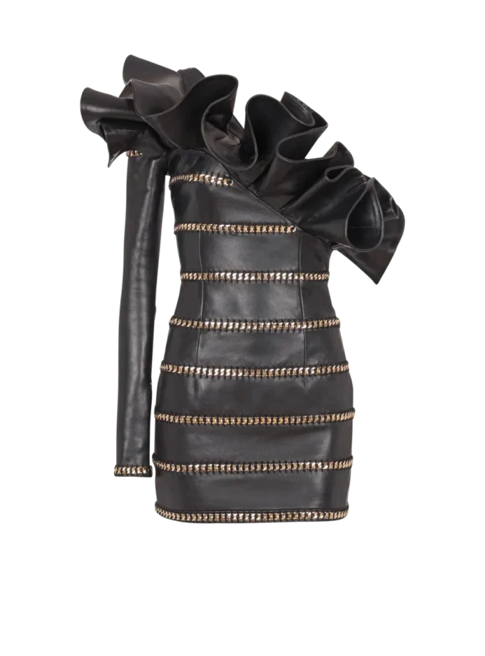 Asymmetric leather bodycon dress with chains
