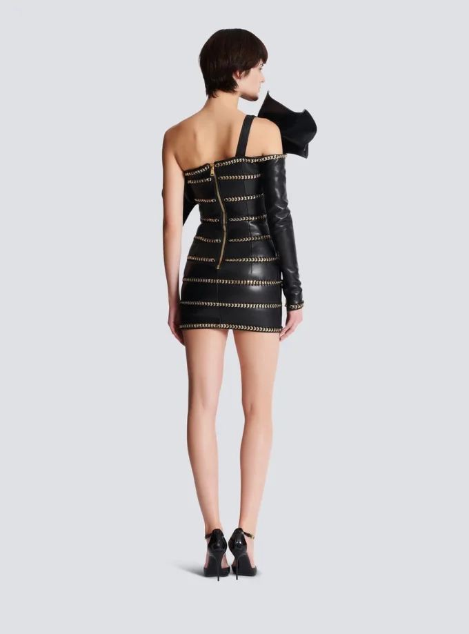 Asymmetric leather bodycon dress with chains