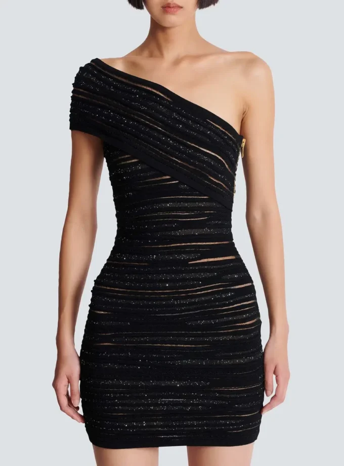Asymmetrical dress in shiny rolled knit