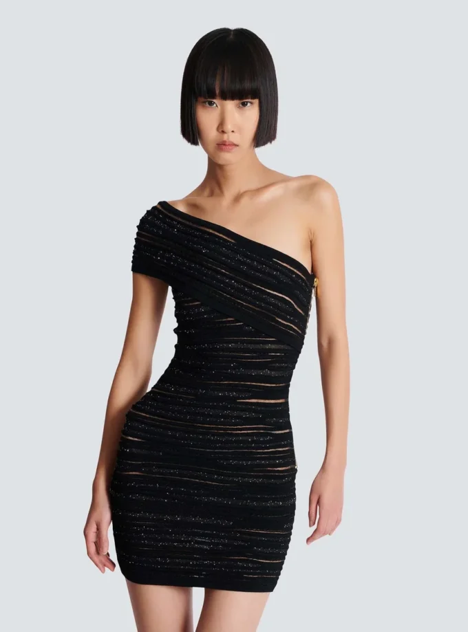 Asymmetrical dress in shiny rolled knit