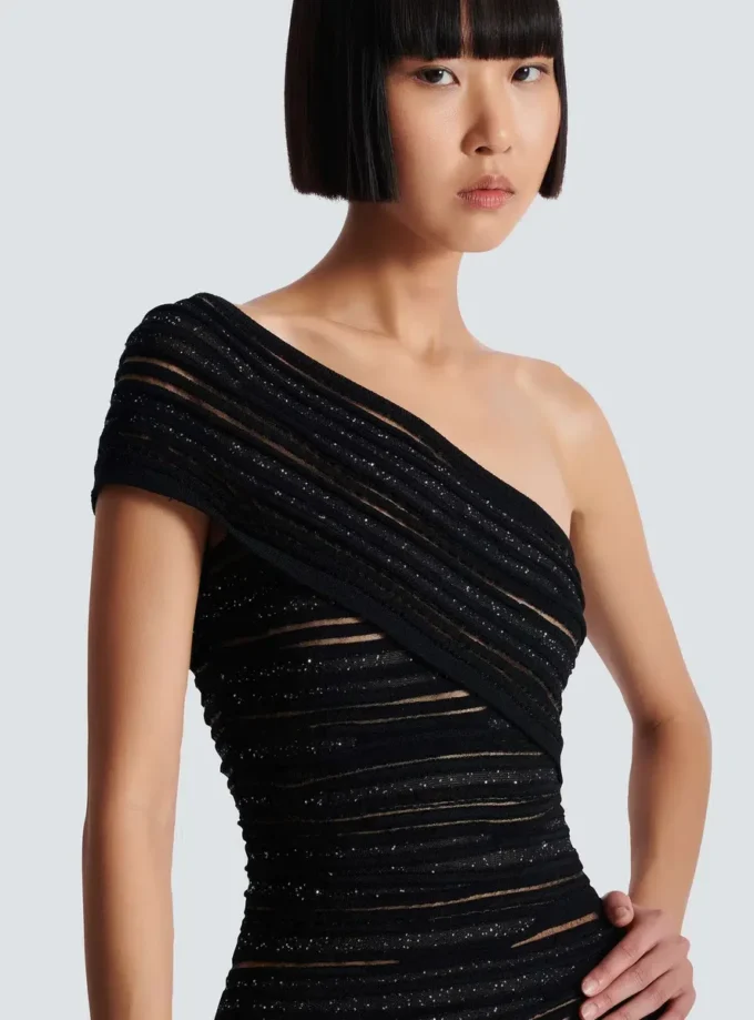 Asymmetrical dress in shiny rolled knit