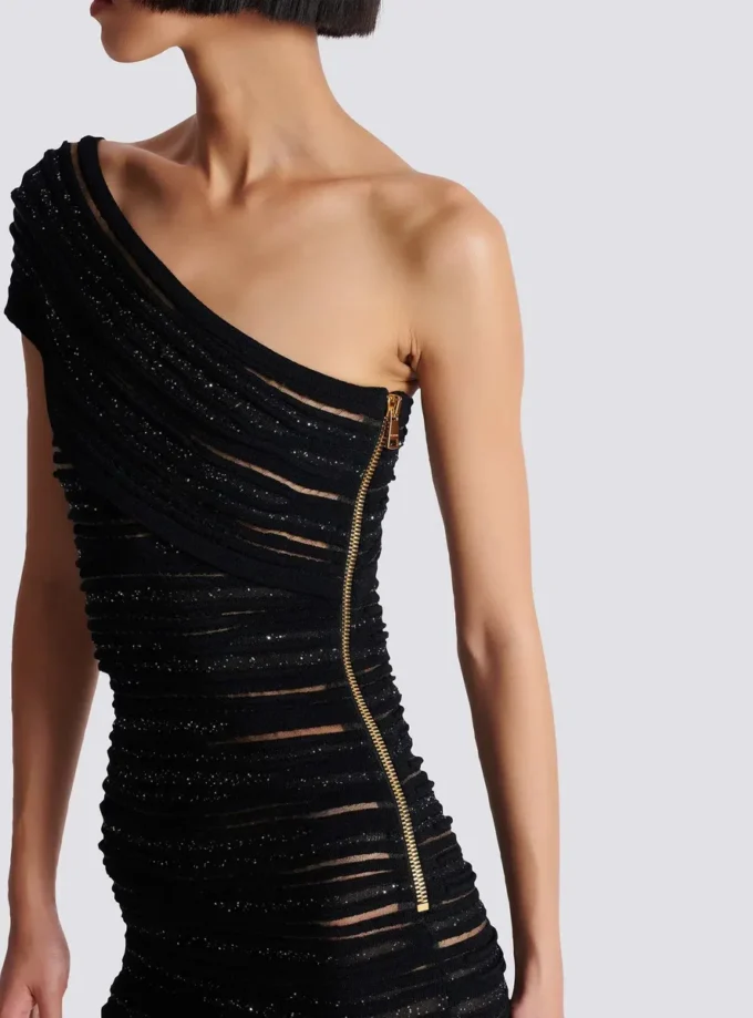 Asymmetrical dress in shiny rolled knit