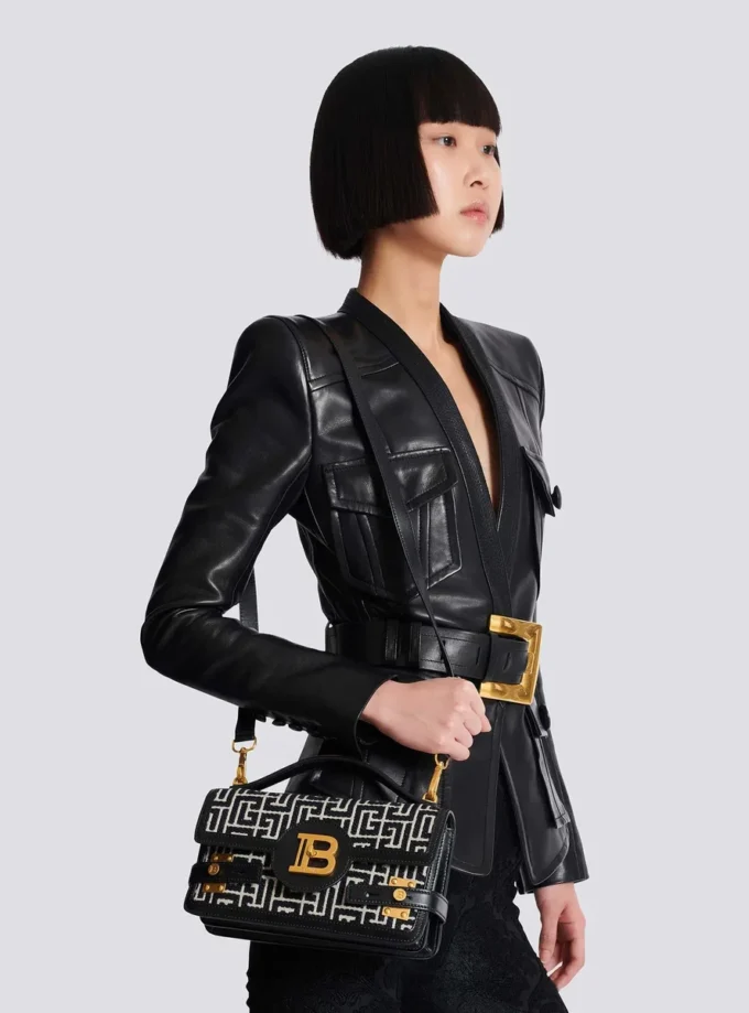 B-Buzz Shoulder 24 bag in calfskin and PB jacquard canvas