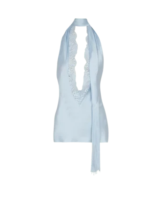 Backless fringed satin top