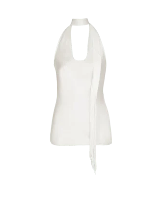 Backless fringed satin top