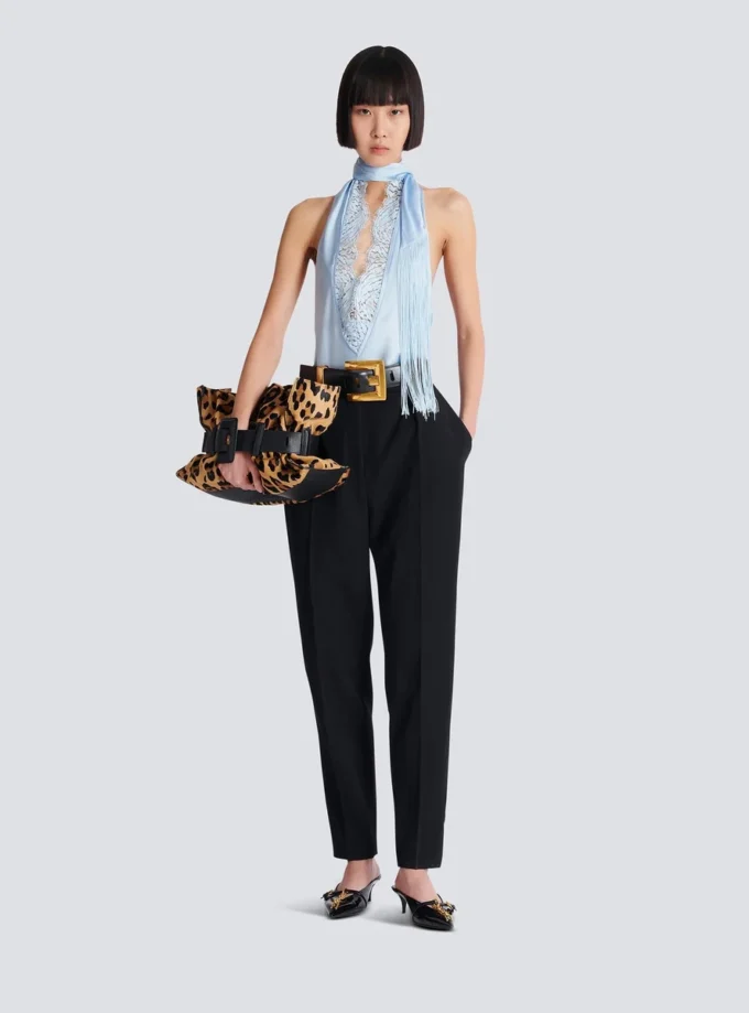 Backless fringed satin top Backless fringed satin top