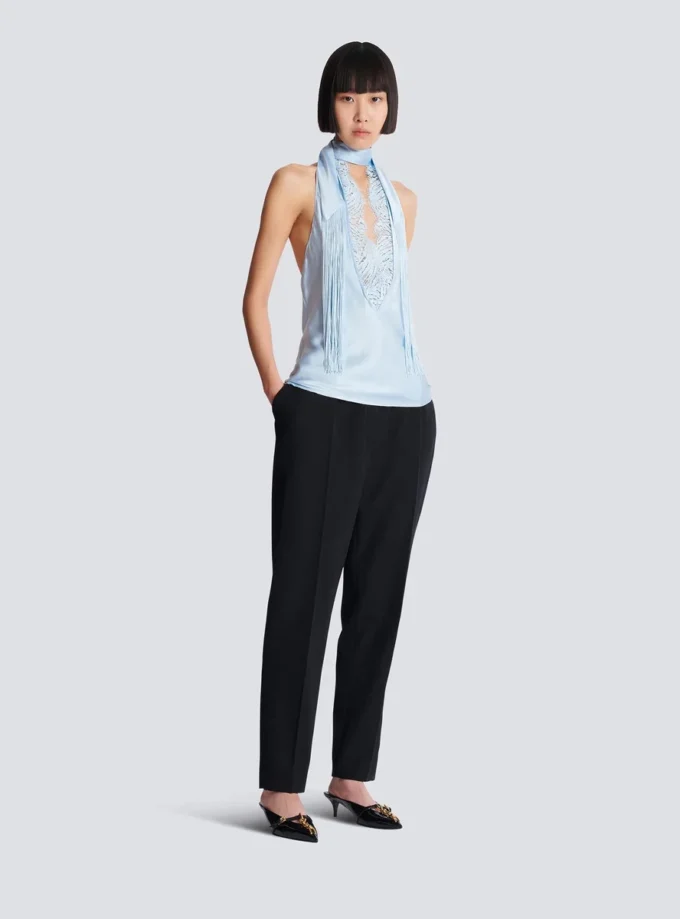 Backless fringed satin top Backless fringed satin top