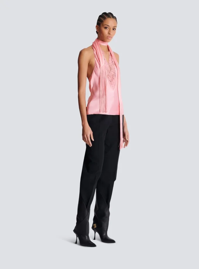 Backless fringed satin top Backless fringed satin top