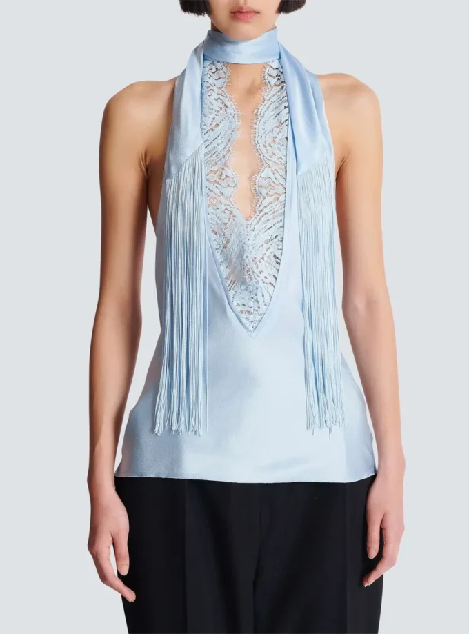 Backless fringed satin top Backless fringed satin top