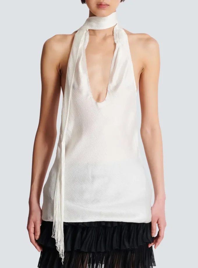 Backless fringed satin top Backless fringed satin top