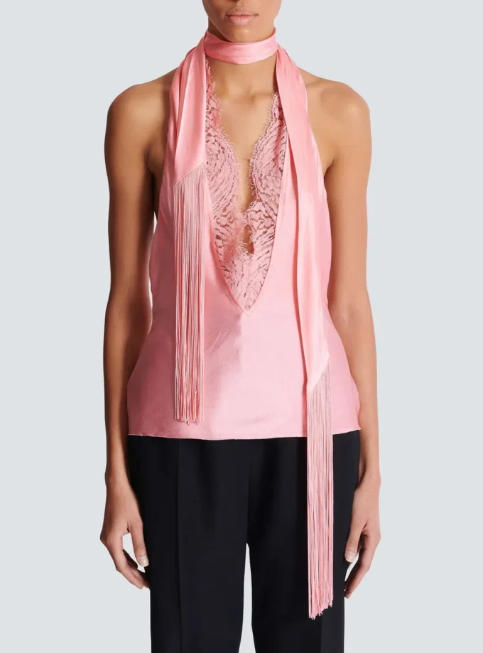 Backless fringed satin top Backless fringed satin top