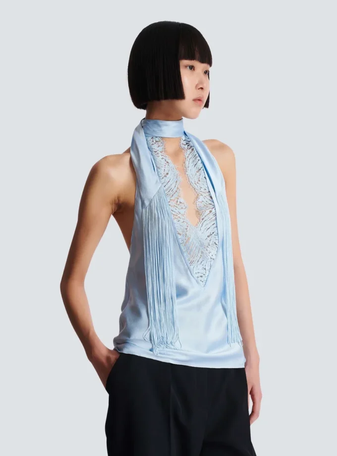 Backless fringed satin top Backless fringed satin top