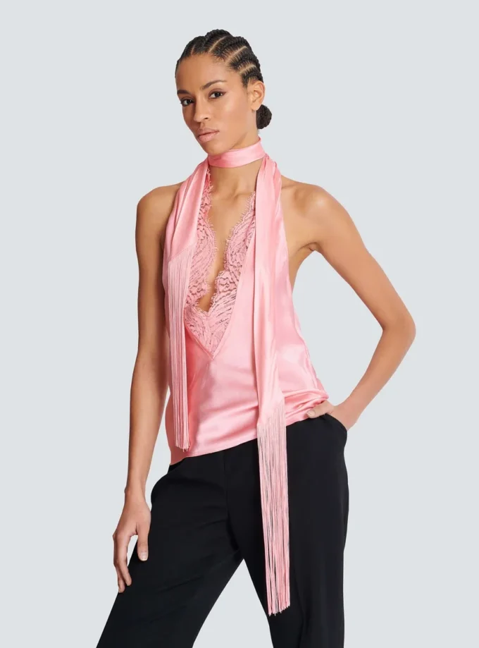 Backless fringed satin top Backless fringed satin top