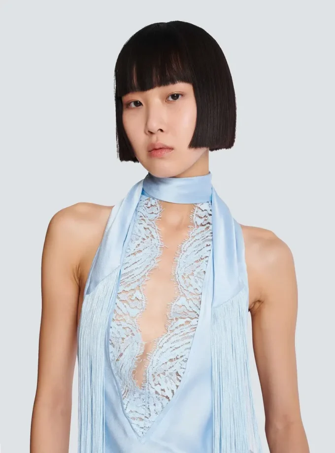 Backless fringed satin top Backless fringed satin top