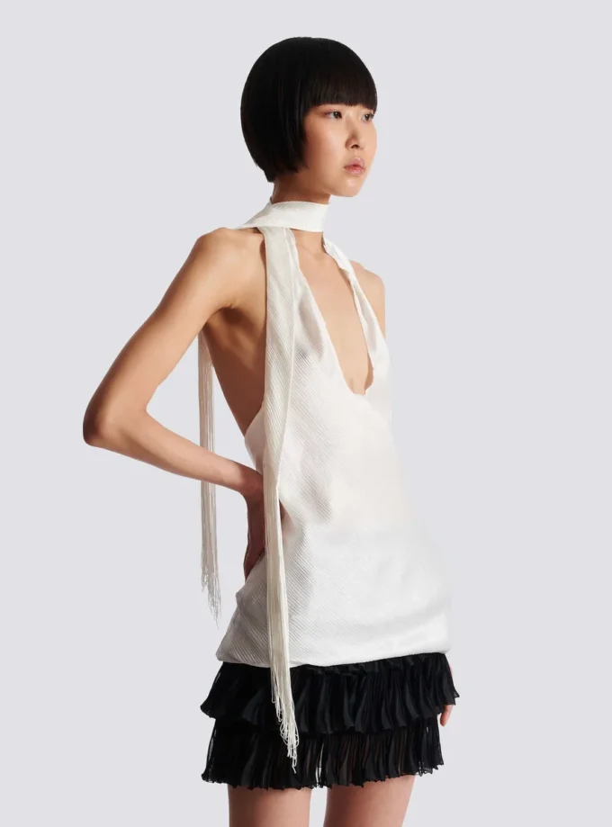 Backless fringed satin top Backless fringed satin top
