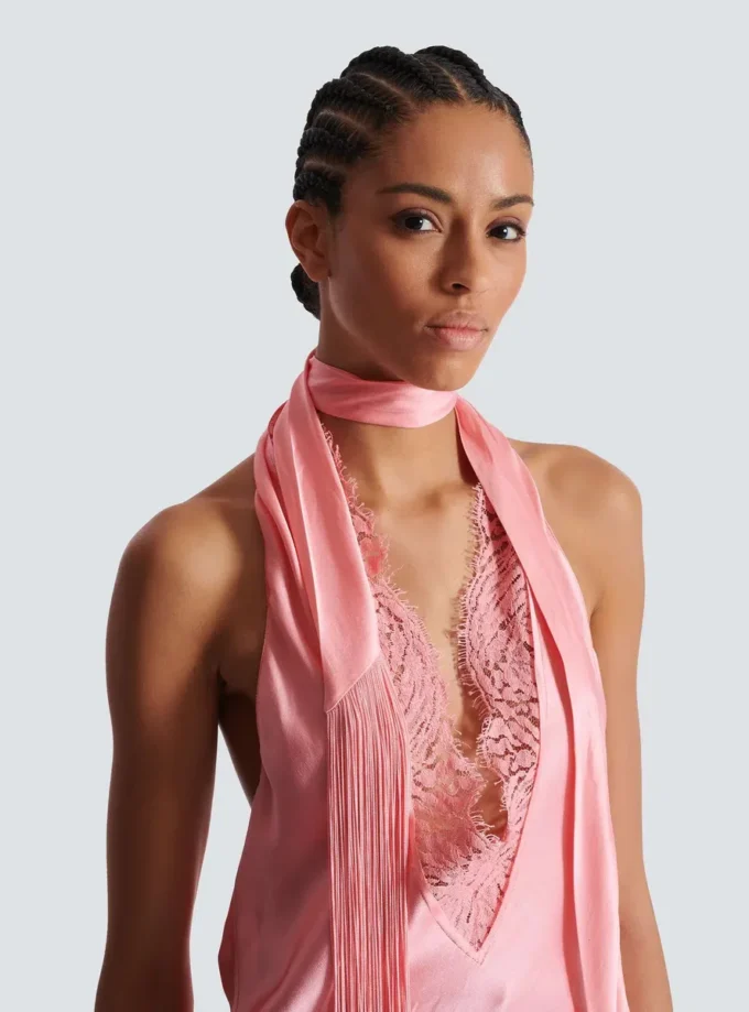 Backless fringed satin top Backless fringed satin top