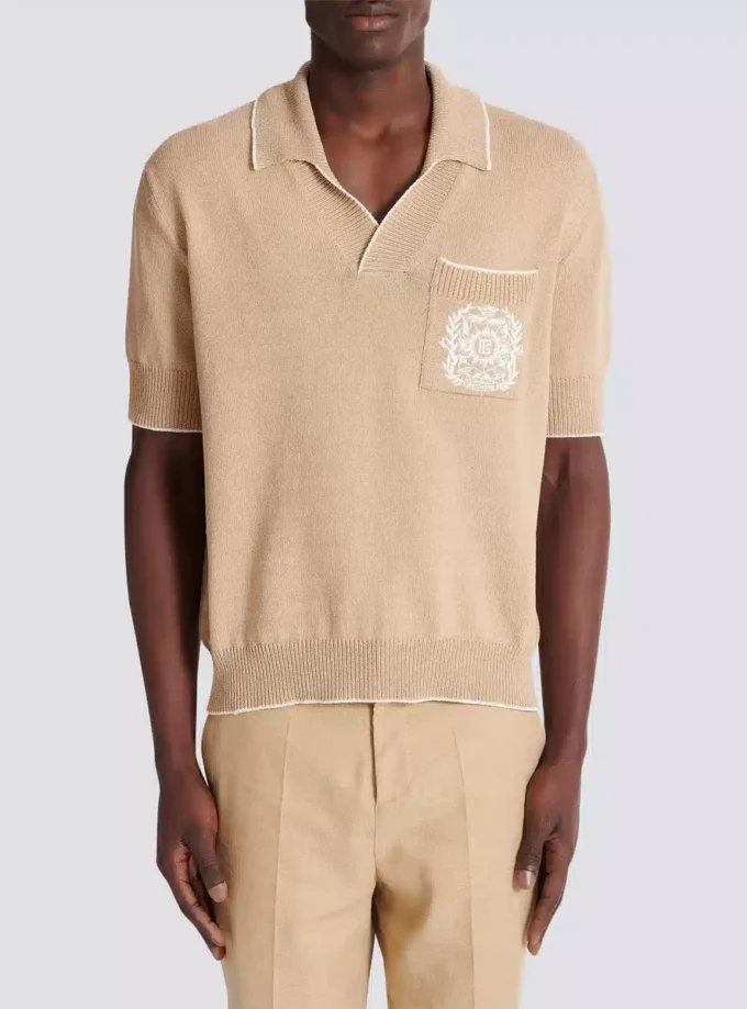 Balmain Écusson embroidered knit polo shirt Balmain Écusson embroidered knit polo shirt