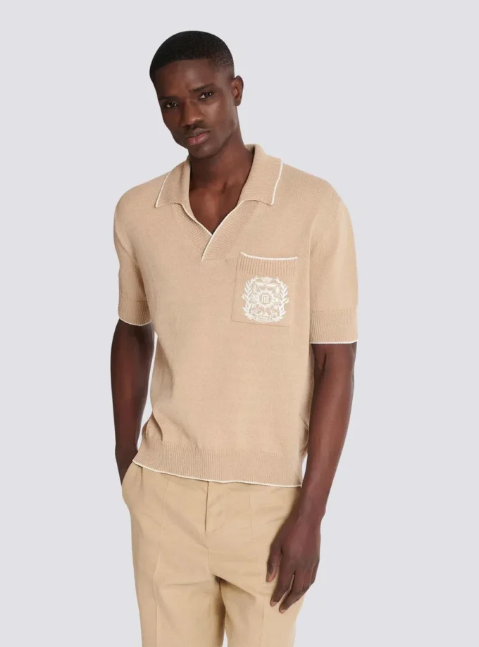 Balmain Écusson embroidered knit polo shirt Balmain Écusson embroidered knit polo shirt